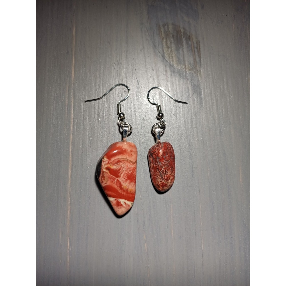 Red Jasper Stone Drop Earrings Nickel Free Silver Tone Asymmetrical Boho Dangle